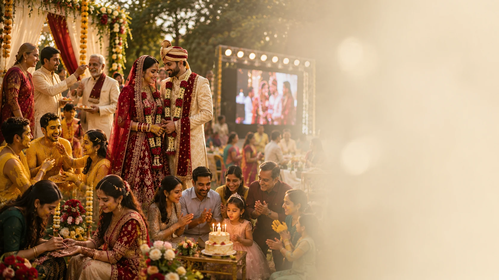 विवाह, हल्दी, मेहंदी, जन्मदिन और लाइव स्क्रीनिंग का संयुक्त दृश्य