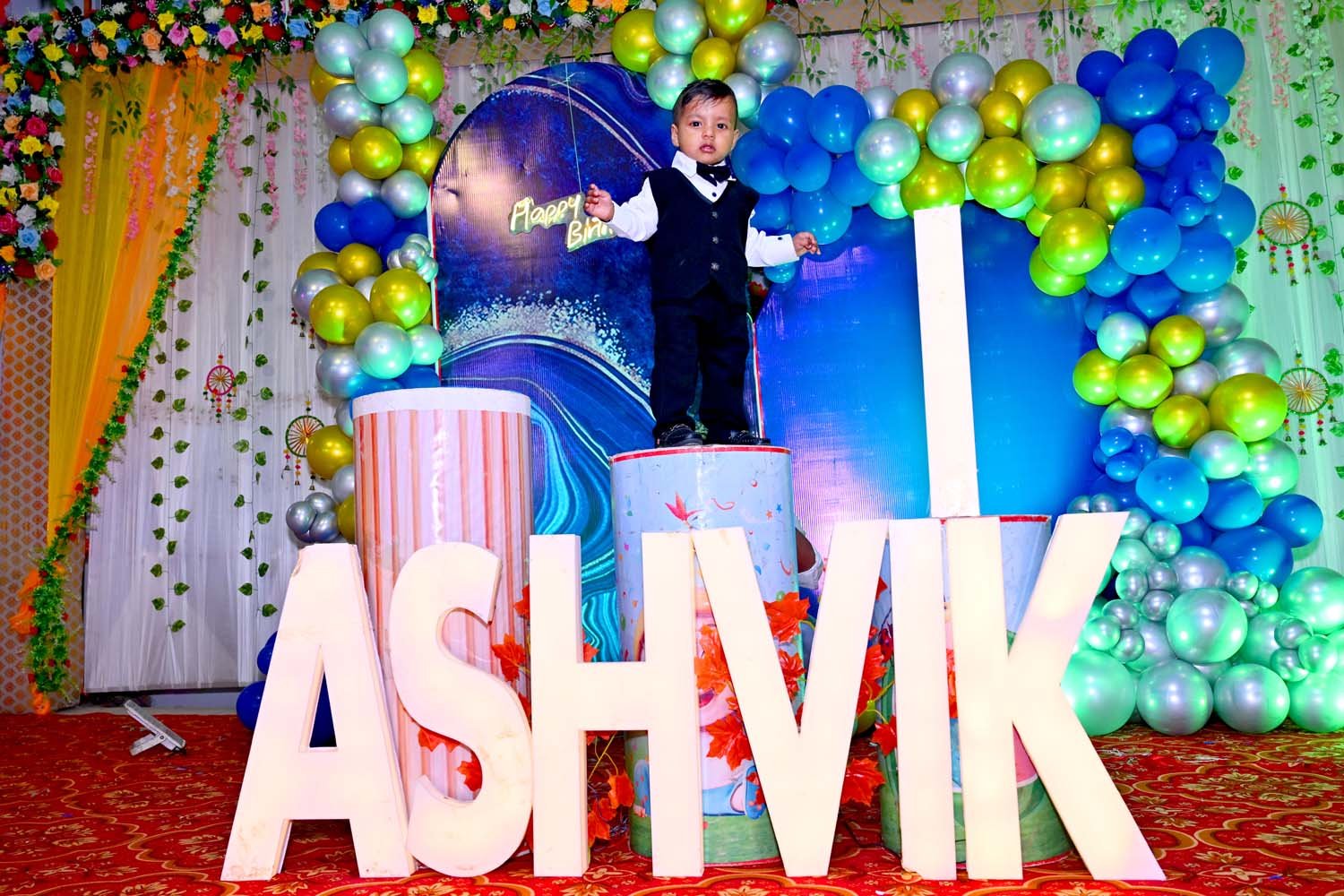 Colorful Birthday Celebration Stage Decoration with Balloons and Flowers