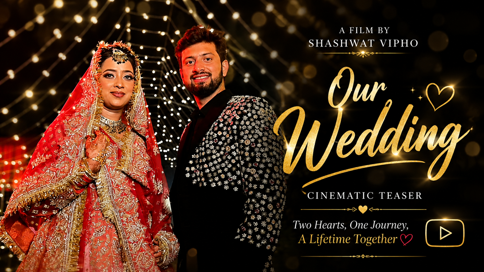 Bride and groom posing together under beautiful wedding lights in a cinematic wedding teaser.